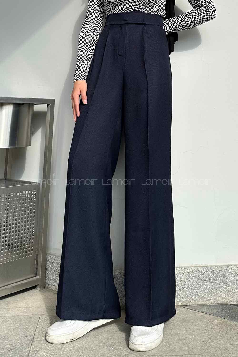Lamelif Beli Cırt Cırtlı Palazzo Model Pantolon Lacivert