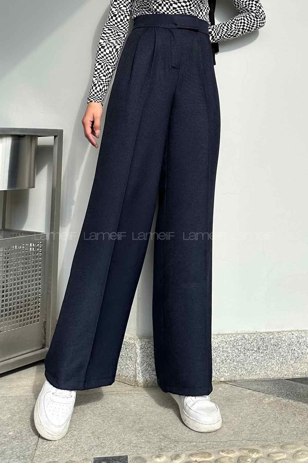 Lamelif Beli Cırt Cırtlı Palazzo Model Pantolon Lacivert
