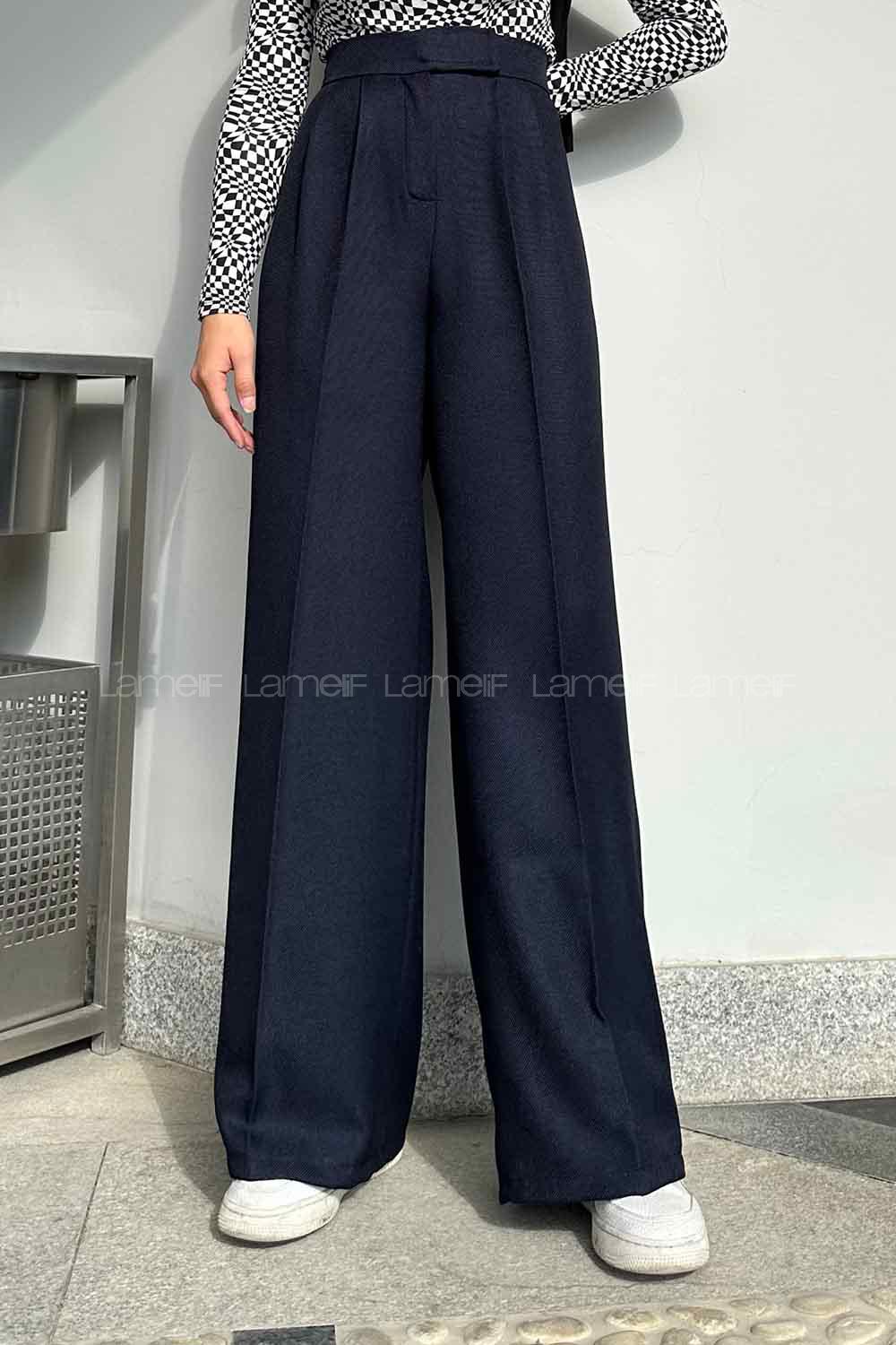 Lamelif Beli Cırt Cırtlı Palazzo Model Pantolon Lacivert