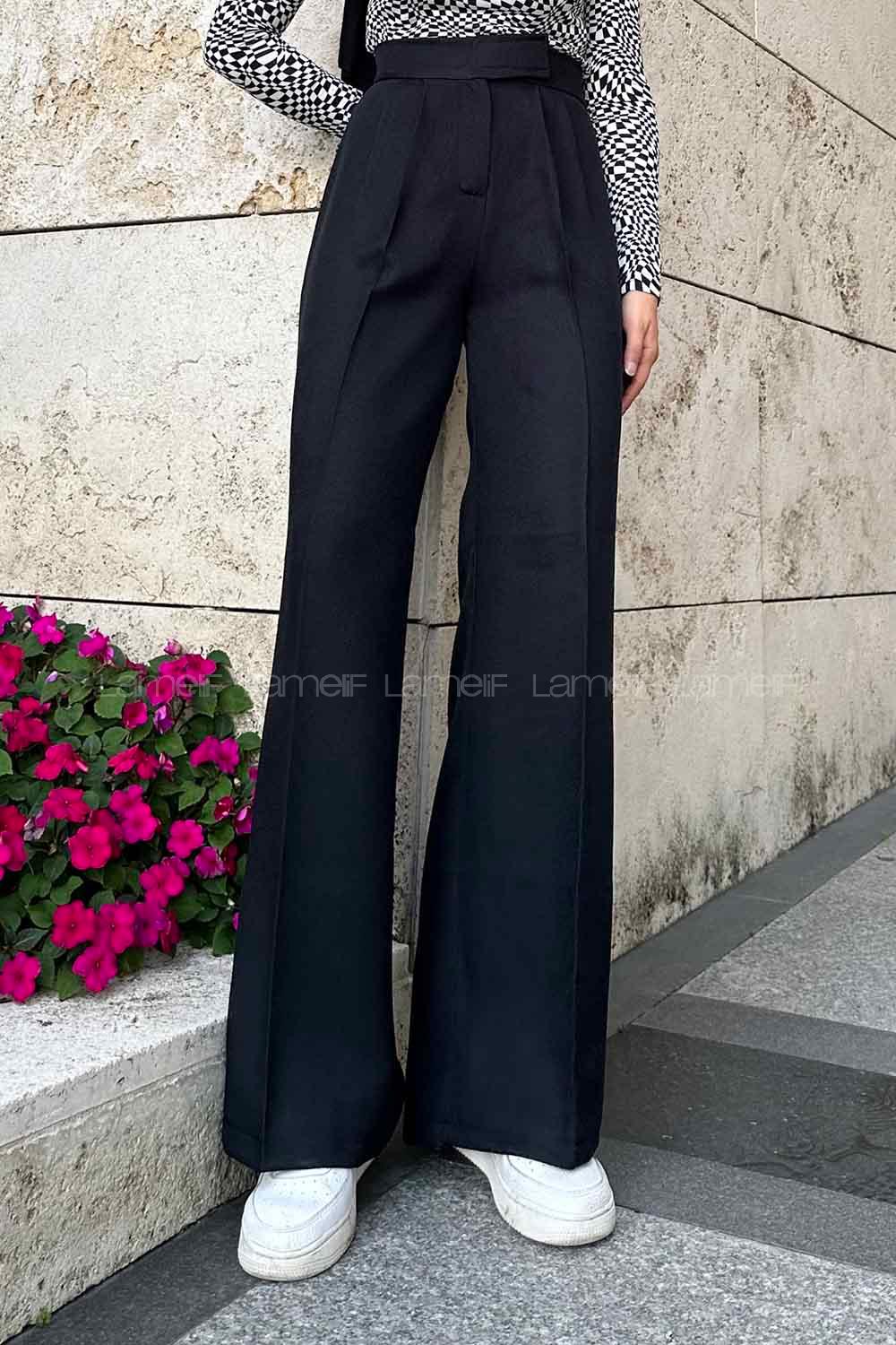Lamelif Beli Cırt Cırtlı Palazzo Model Pantolon Siyah