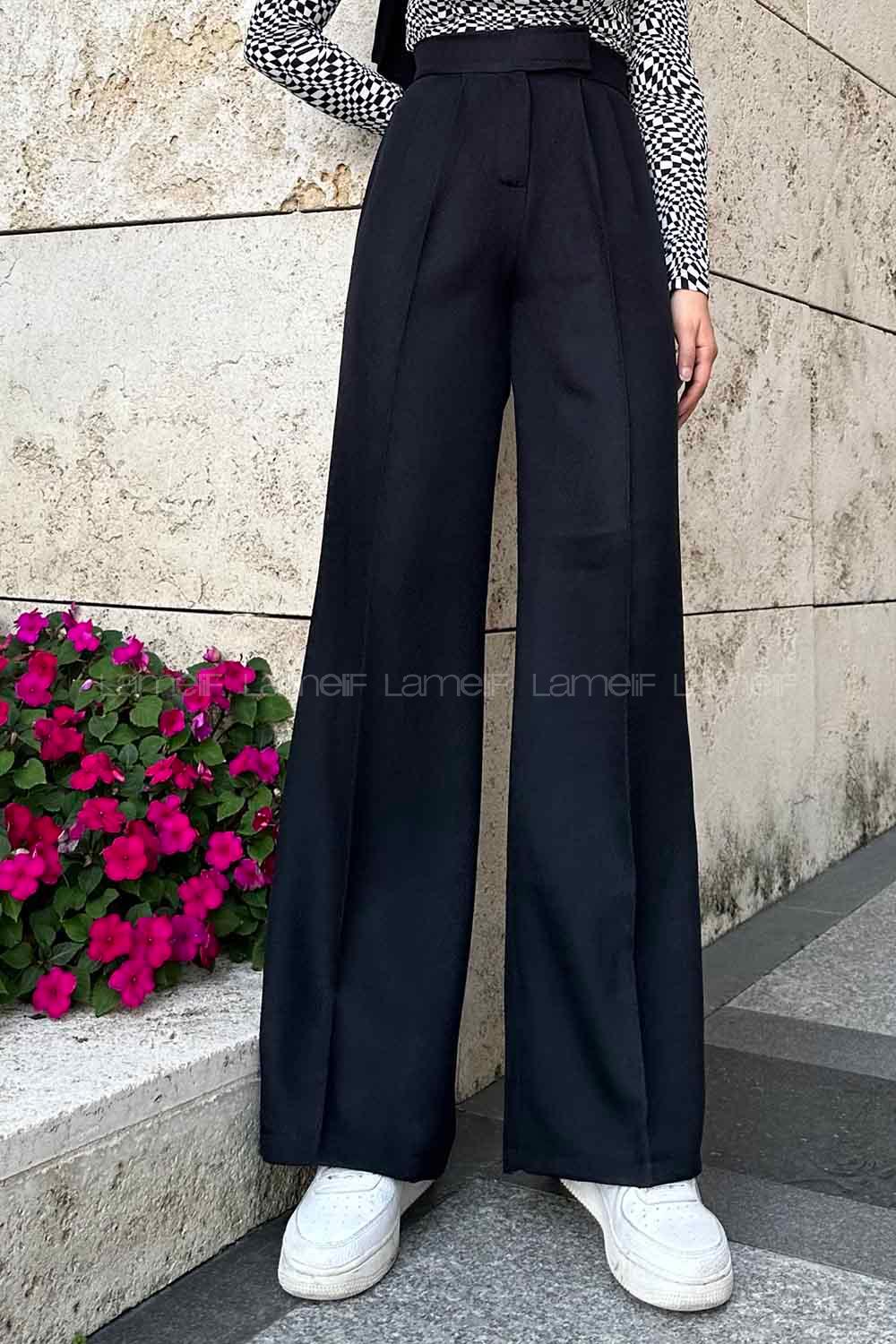 Lamelif Beli Cırt Cırtlı Palazzo Model Pantolon Siyah