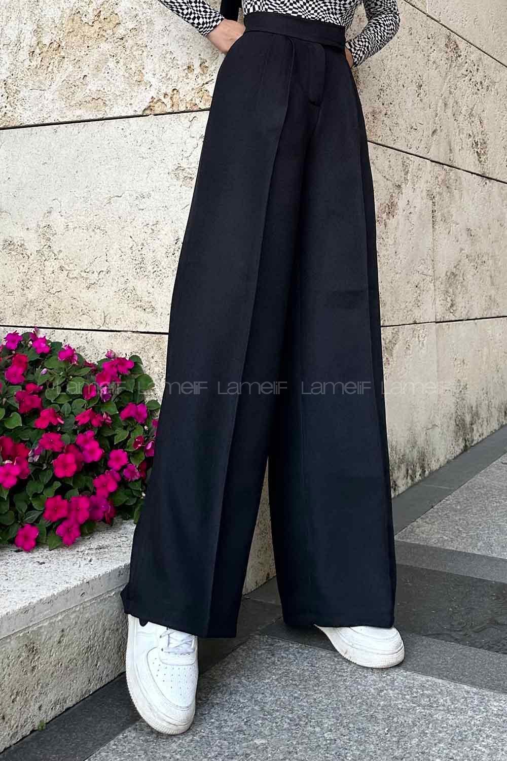 Lamelif Beli Cırt Cırtlı Palazzo Model Pantolon Siyah
