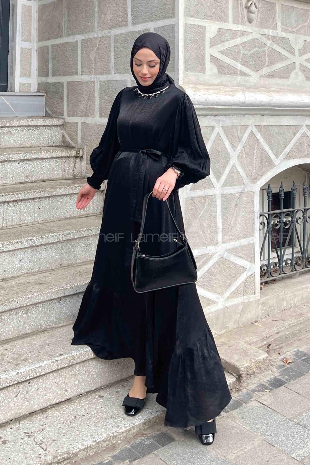 Lamelif Kol Piliseli Hakim Yaka Elbise Siyah