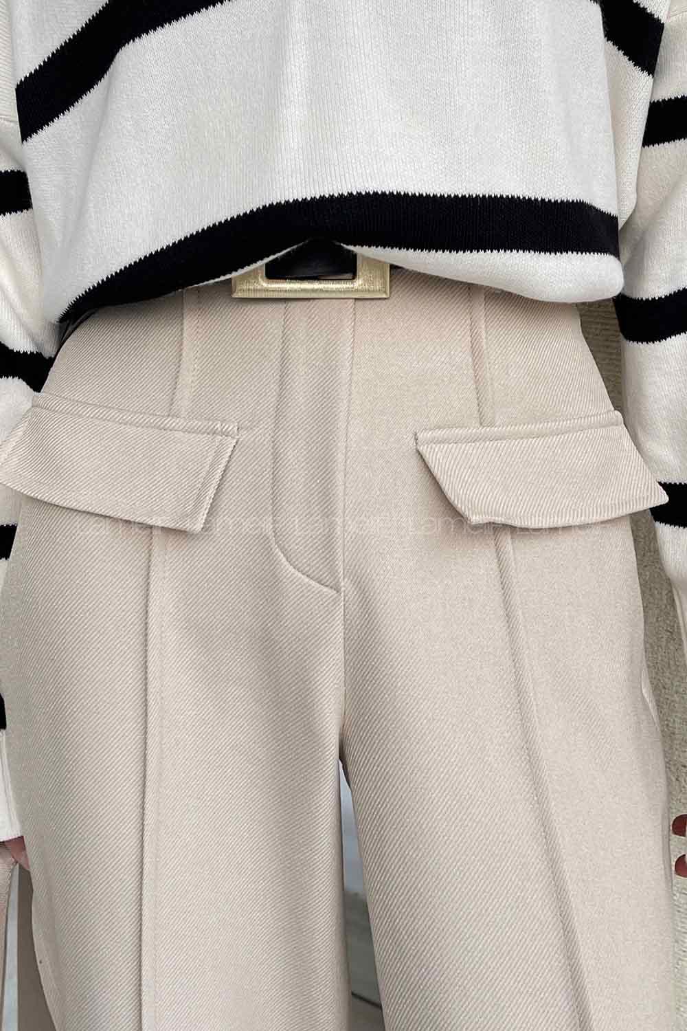 Lamelif Ön Kapak Cep Detaylı Çimalı Pantalon Krem