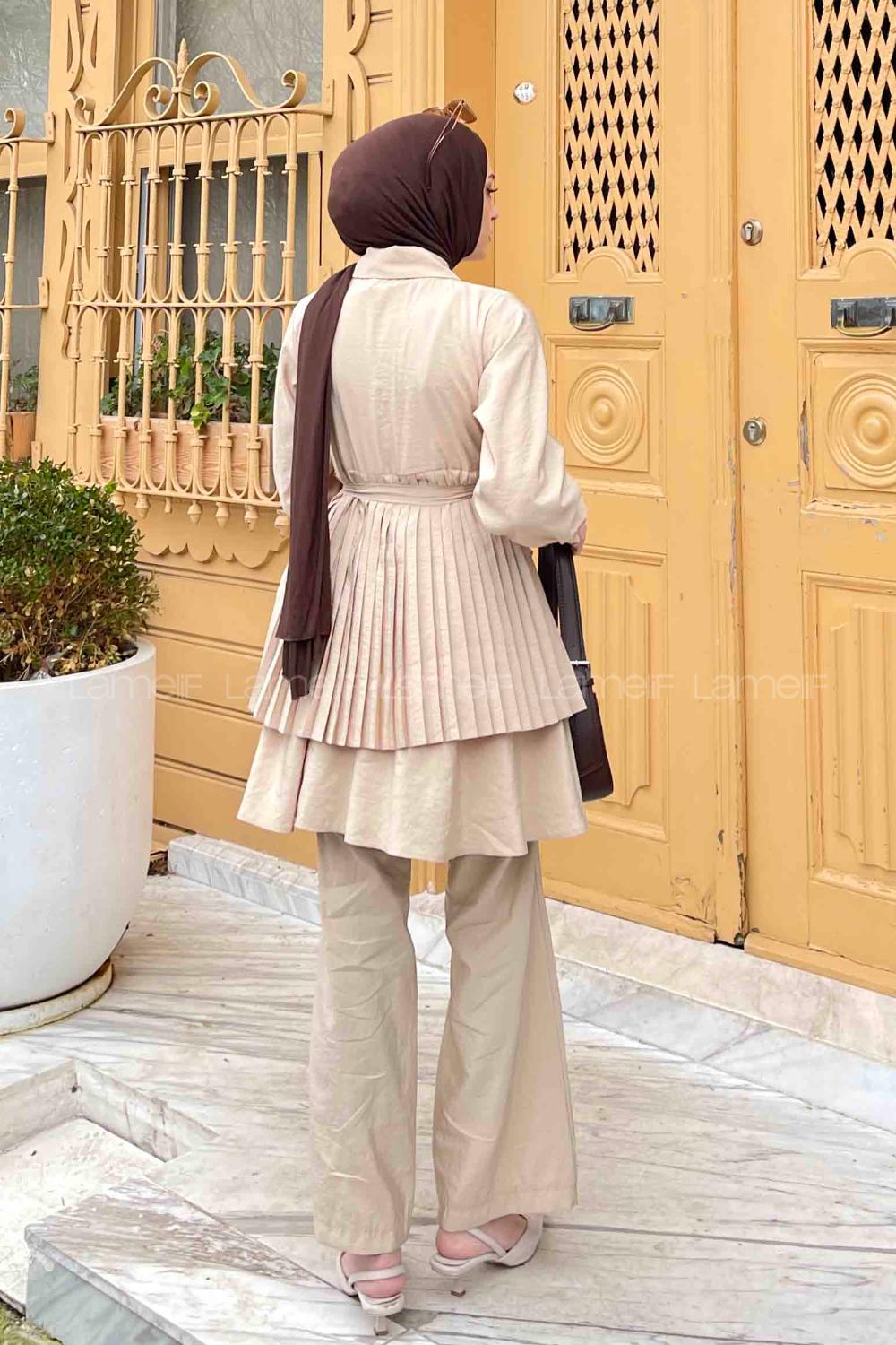 Lamelif Pileli İkili Takım Krem