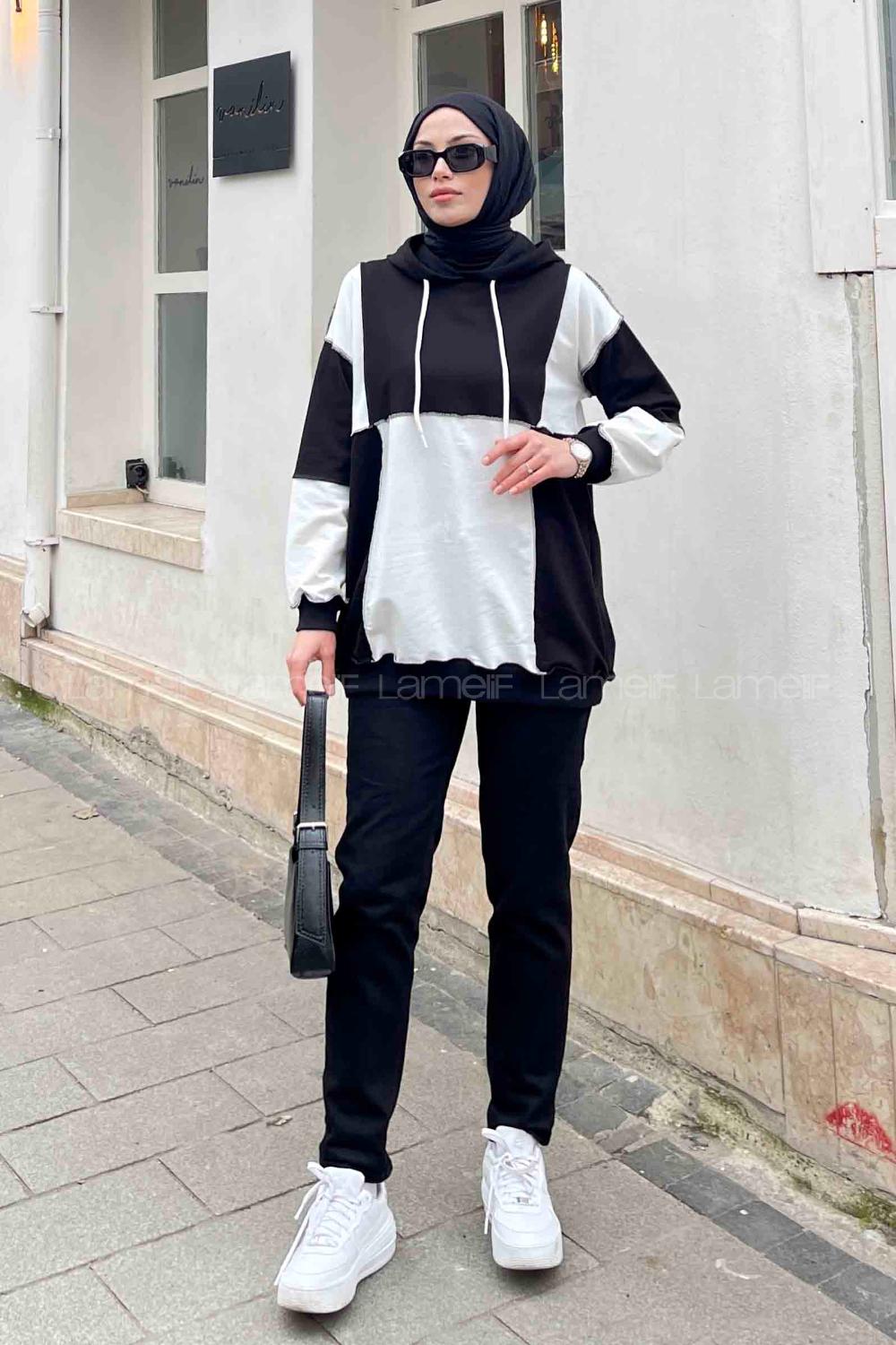 Black Hood Neck Reglan Sleeveless Arm Unprinted Sweatshirt