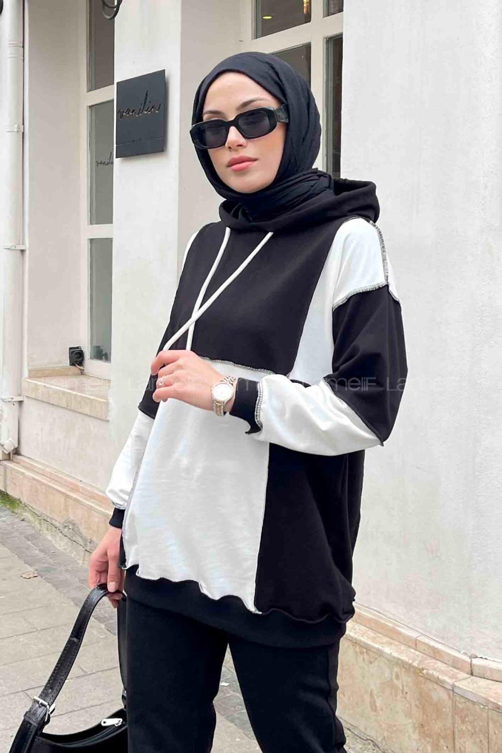 Black Hood Neck Reglan Sleeveless Arm Unprinted Sweatshirt