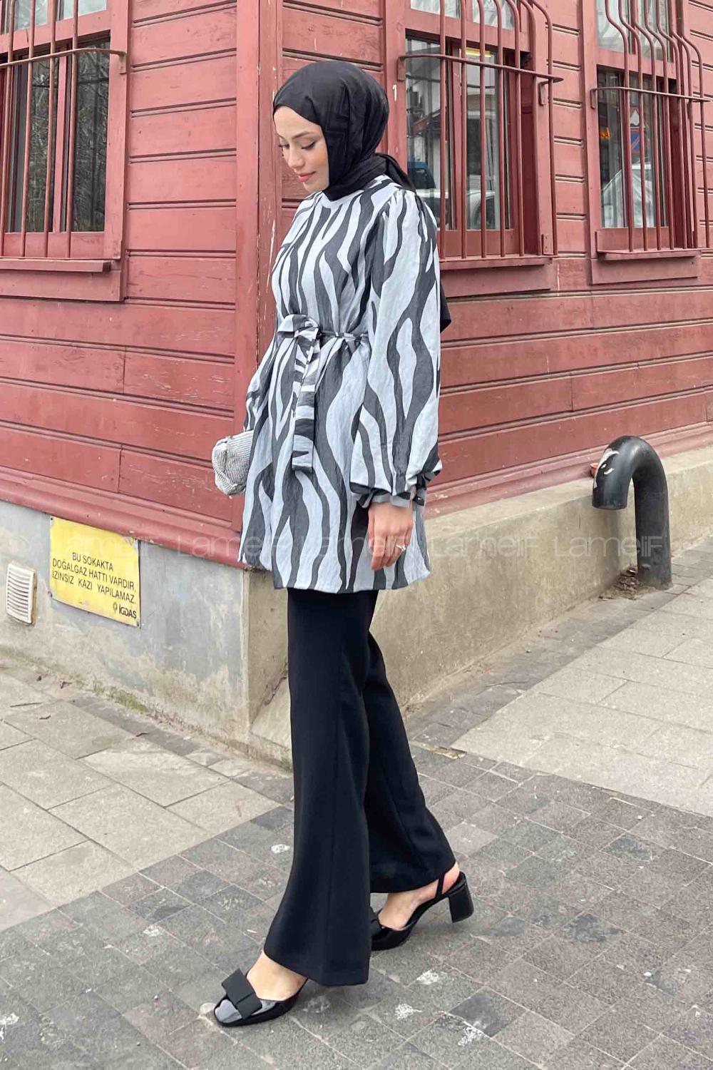 Lamelif Zebra Desen Balon Kol Tunik Takım Siyah