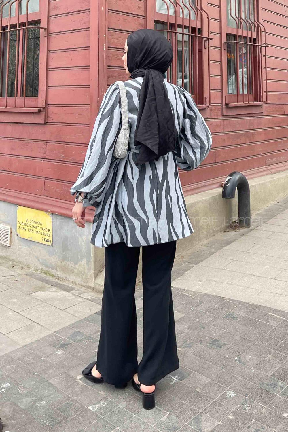 Lamelif Zebra Desen Balon Kol Tunik Takım Siyah