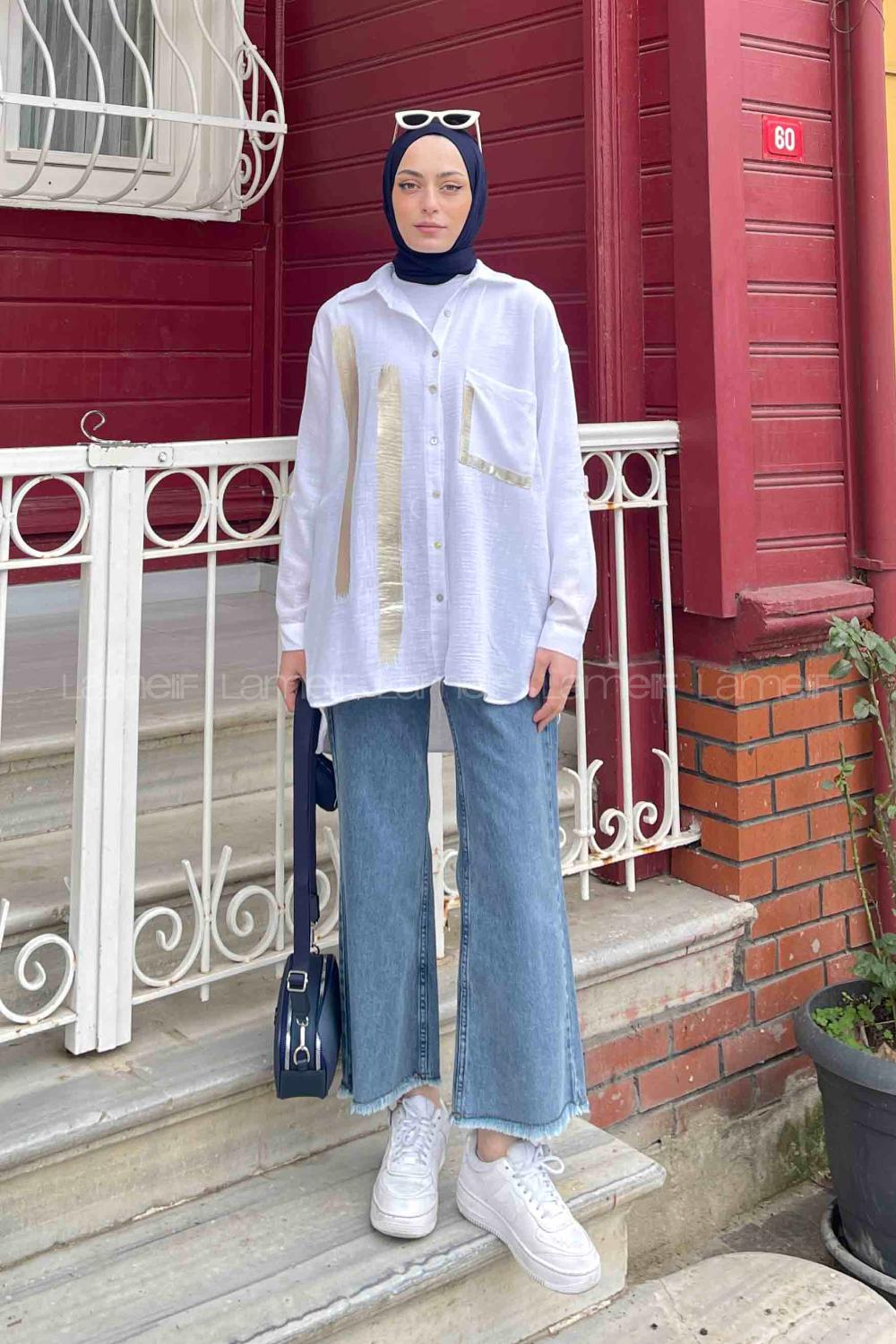 White Shirt Collar Long Arm Viscose Fabric Printed Shirt