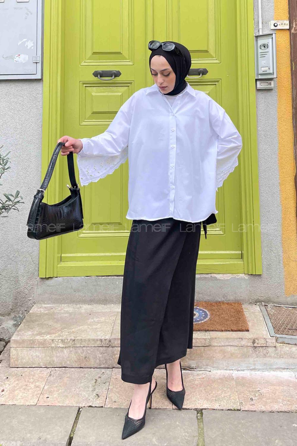 Lamelif Güpür Detaylı Gömlek Beyaz