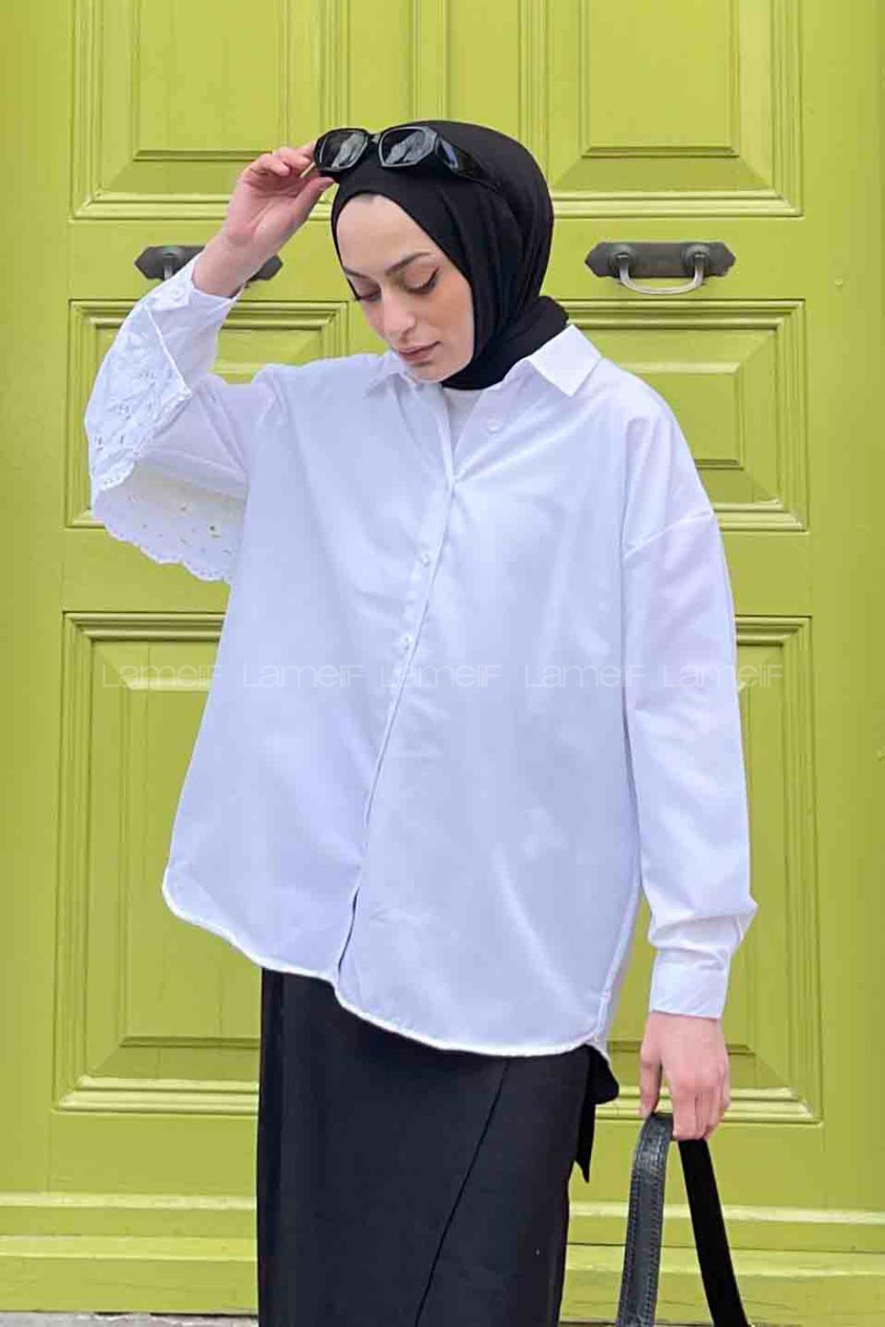 Lamelif Güpür Detaylı Gömlek Beyaz