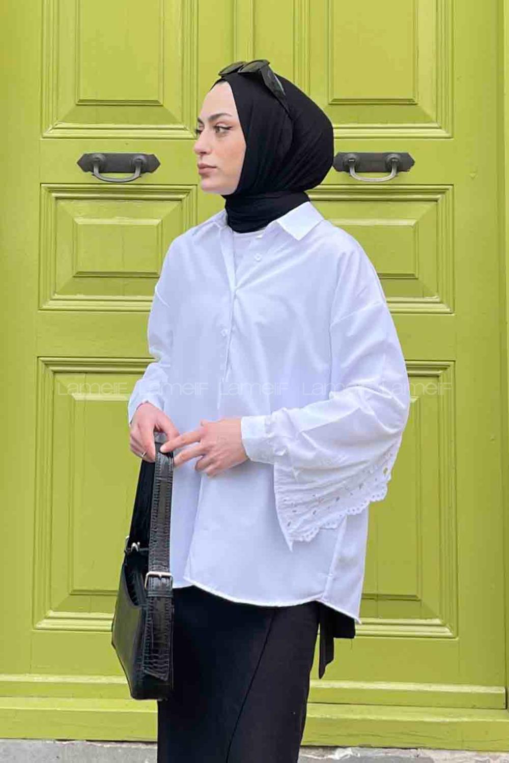 Lamelif Güpür Detaylı Gömlek Beyaz