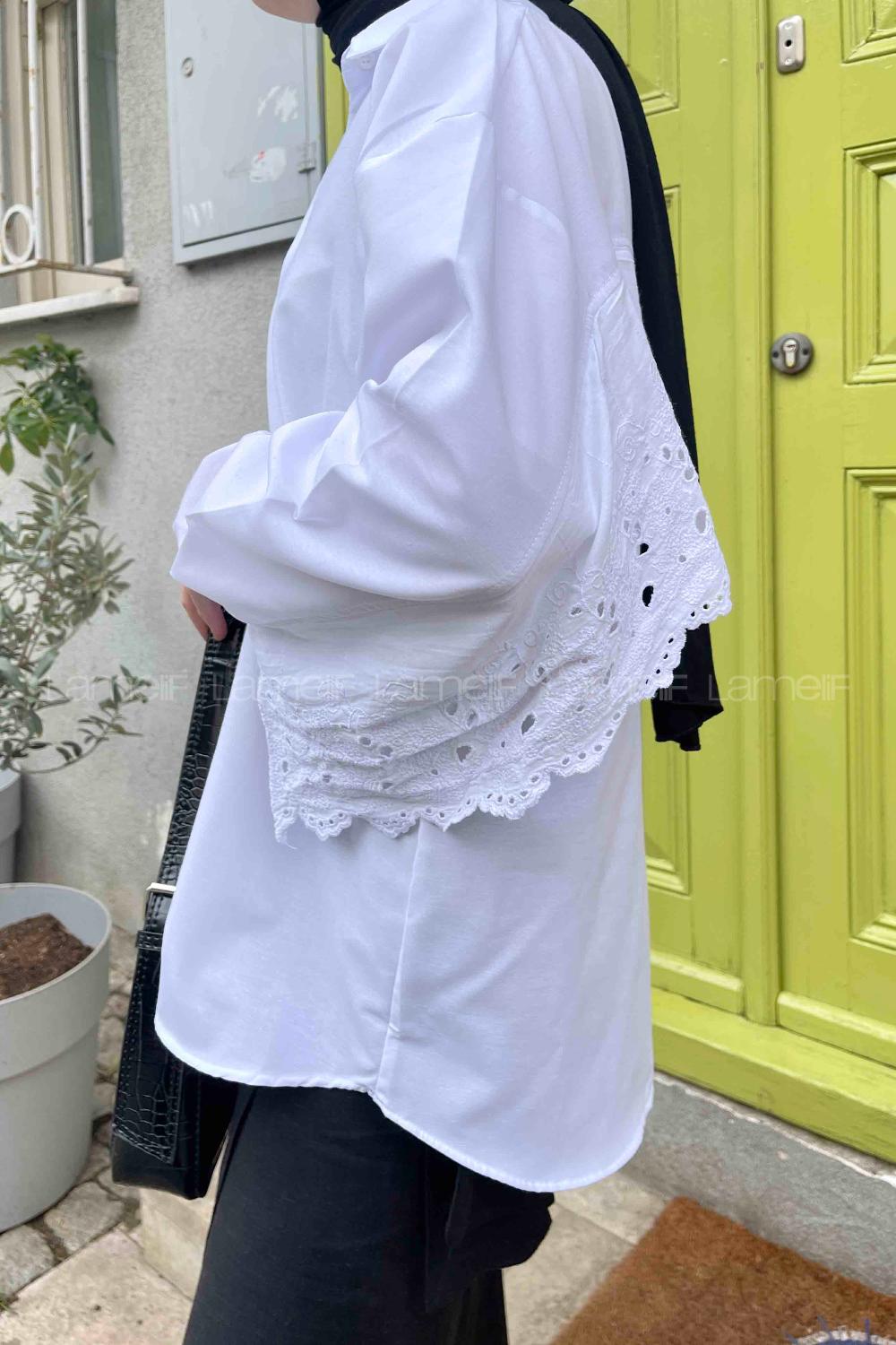 Lamelif Güpür Detaylı Gömlek Beyaz