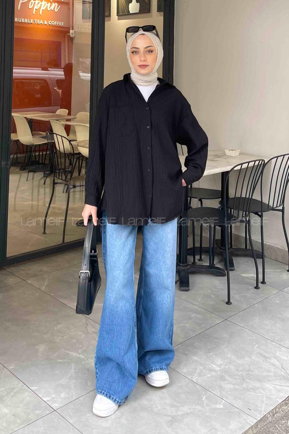 Lamelif Kraşlı Gömlek Siyah