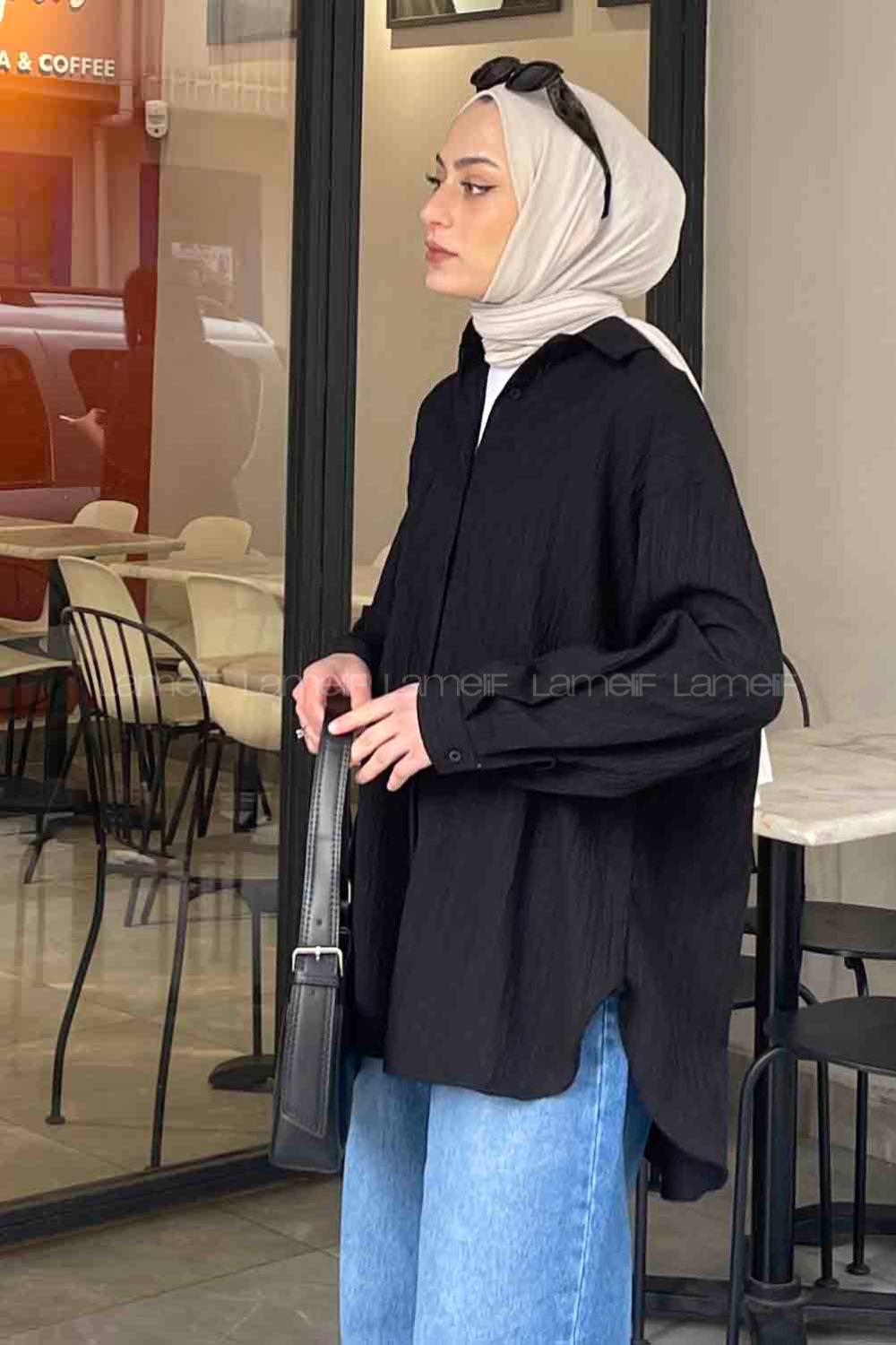 Lamelif Kraşlı Gömlek Siyah