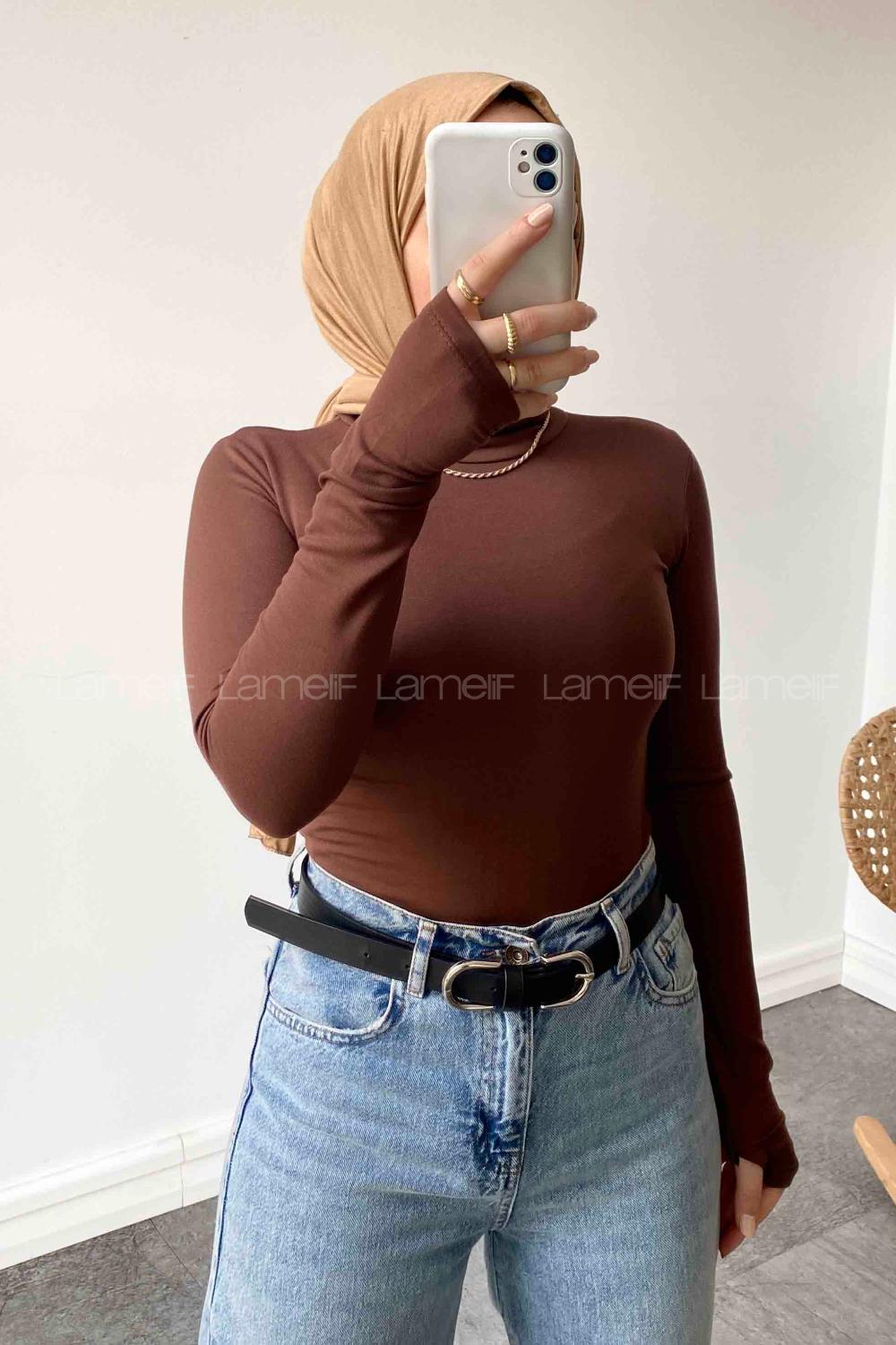 Lamelif Balıkçı Yaka Eldivenli Pamuklu Body Kahverengi