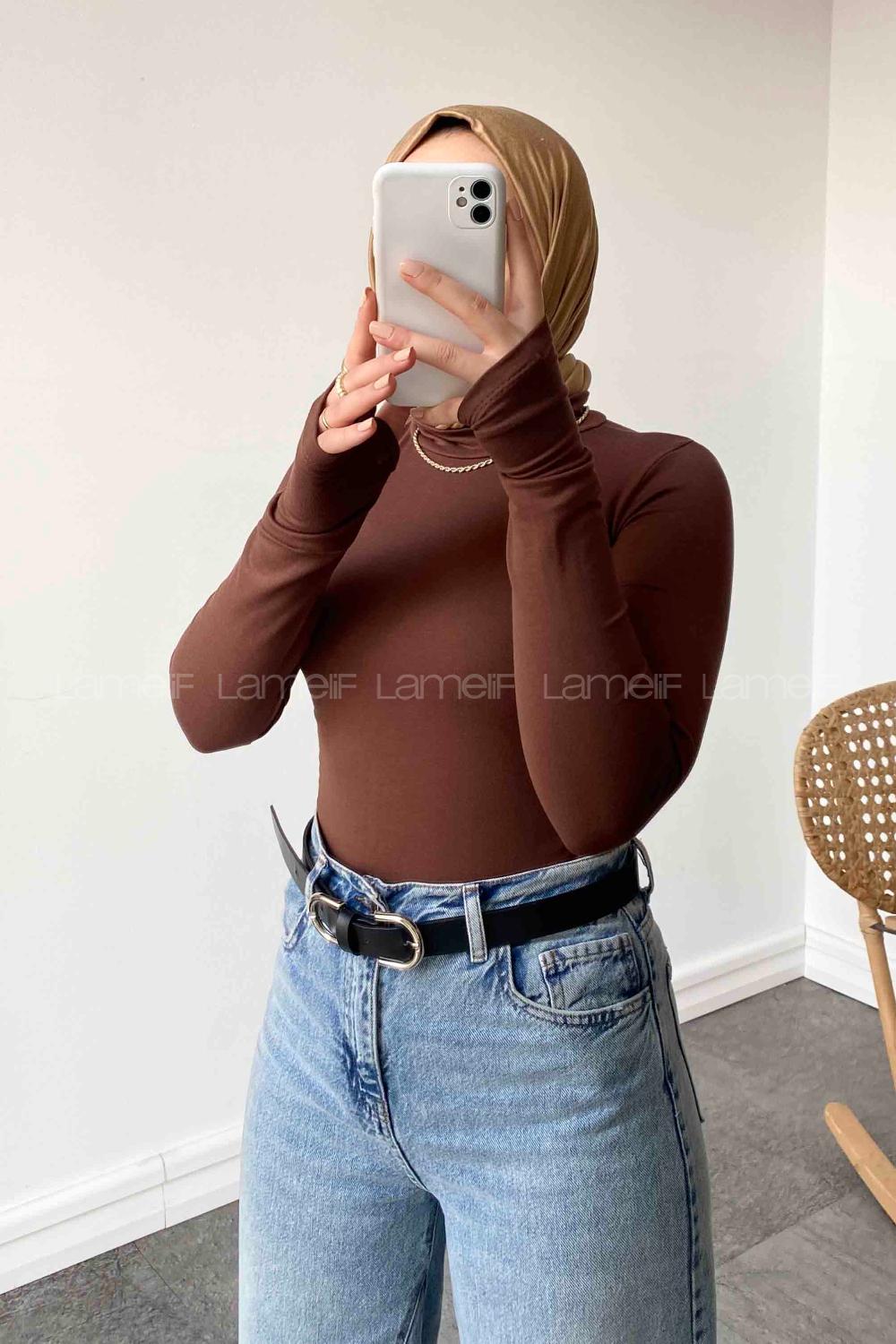 Lamelif Balıkçı Yaka Eldivenli Pamuklu Body Kahverengi