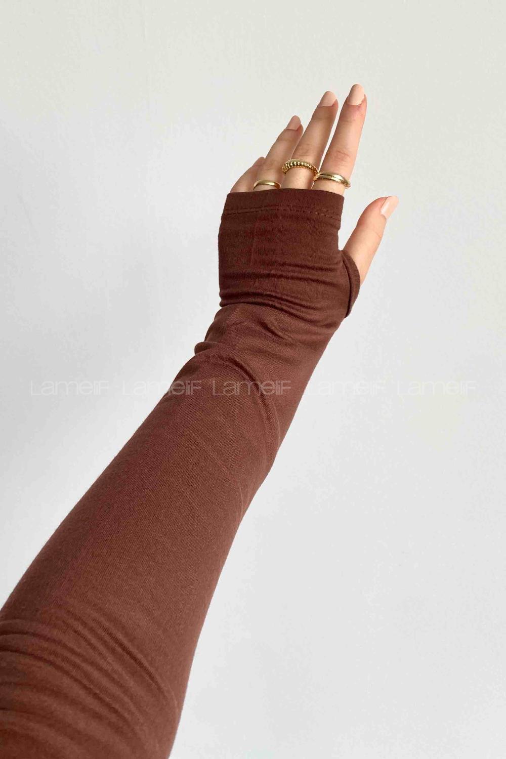 Lamelif Balıkçı Yaka Eldivenli Pamuklu Body Kahverengi