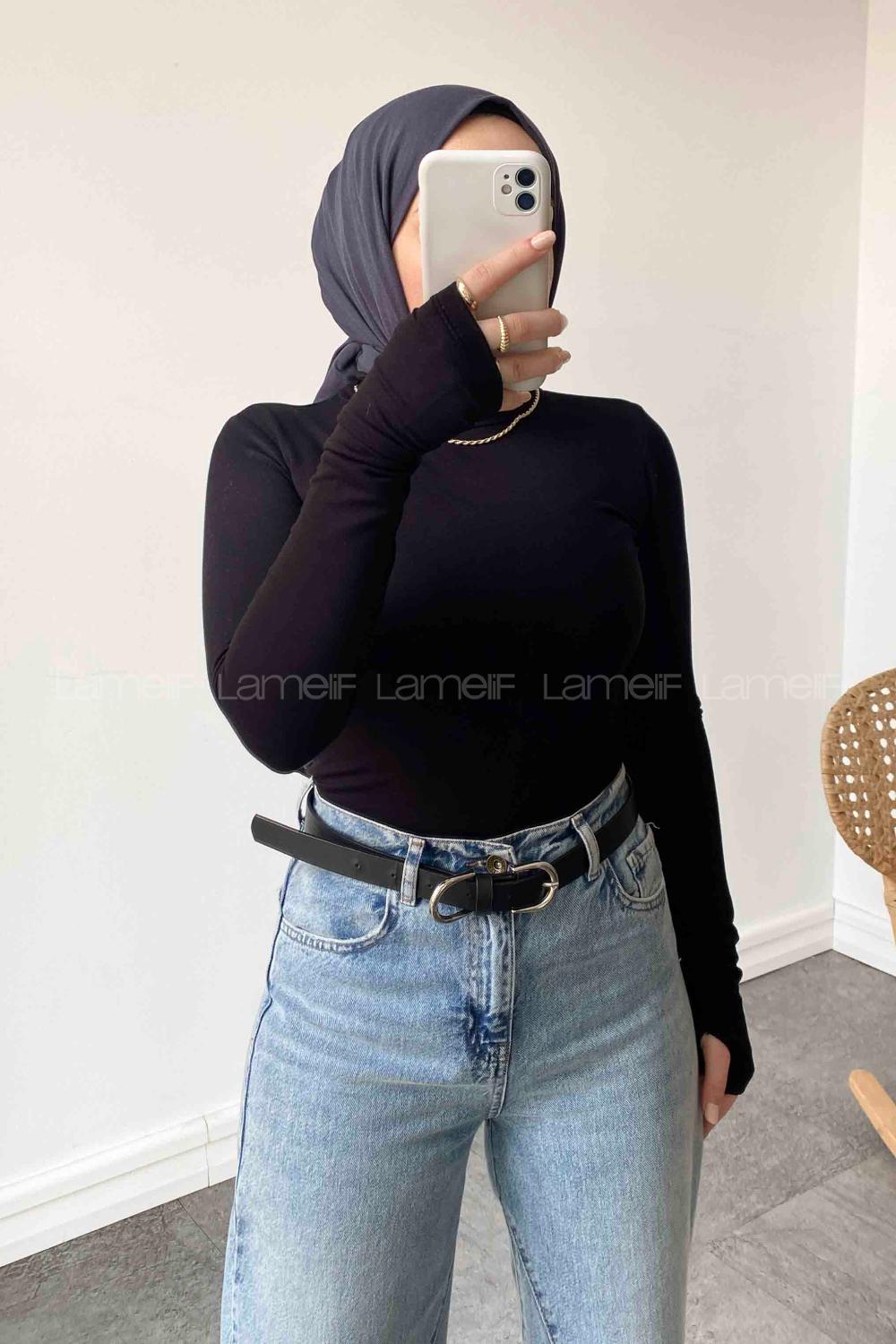 Lamelif Balıkçı Yaka Eldivenli Pamuklu Body Siyah