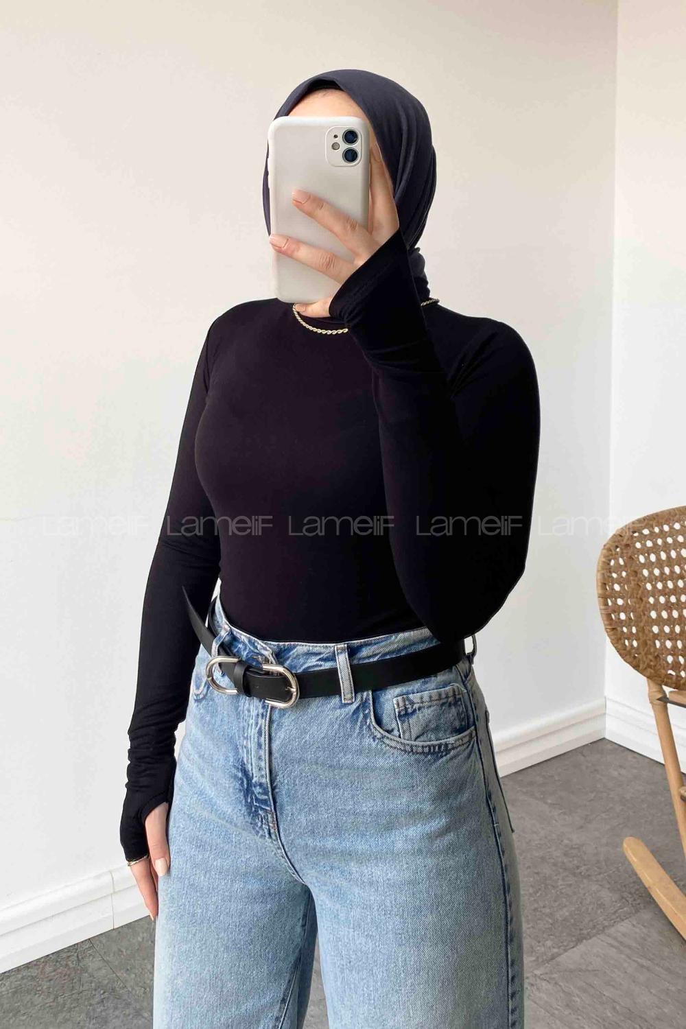 Lamelif Balıkçı Yaka Eldivenli Pamuklu Body Siyah