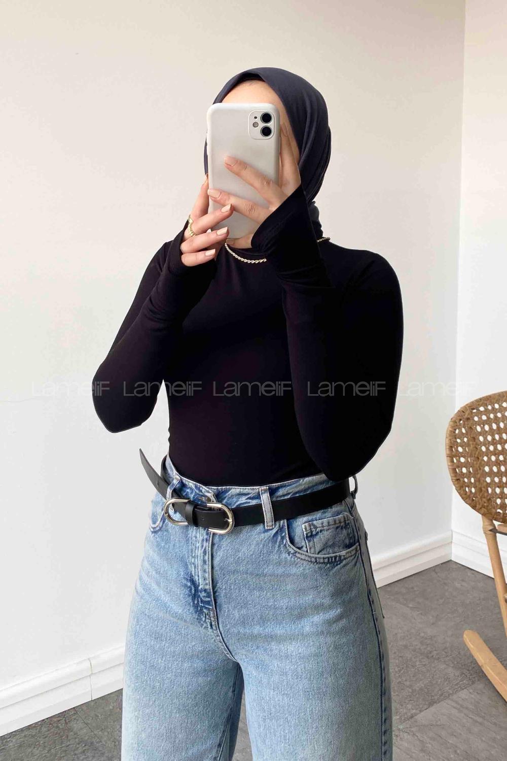 Lamelif Balıkçı Yaka Eldivenli Pamuklu Body Siyah