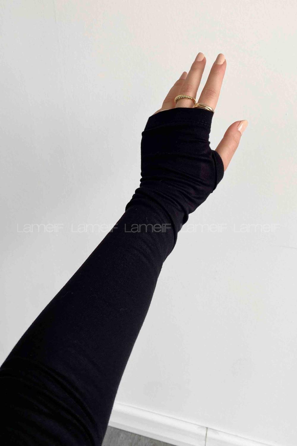 Lamelif Balıkçı Yaka Eldivenli Pamuklu Body Siyah