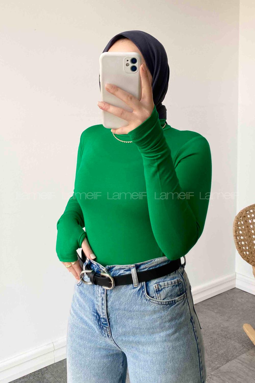 Lamelif Balıkçı Yaka Eldivenli Pamuklu Body Yeşil