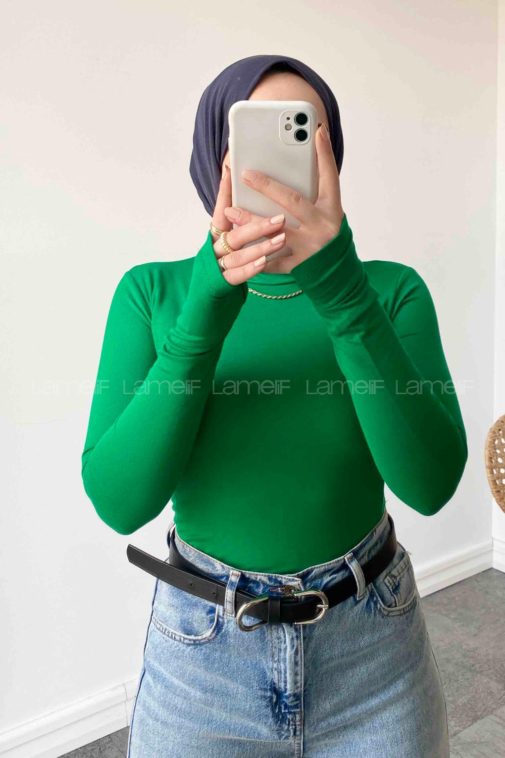 Lamelif Balıkçı Yaka Eldivenli Pamuklu Body Yeşil