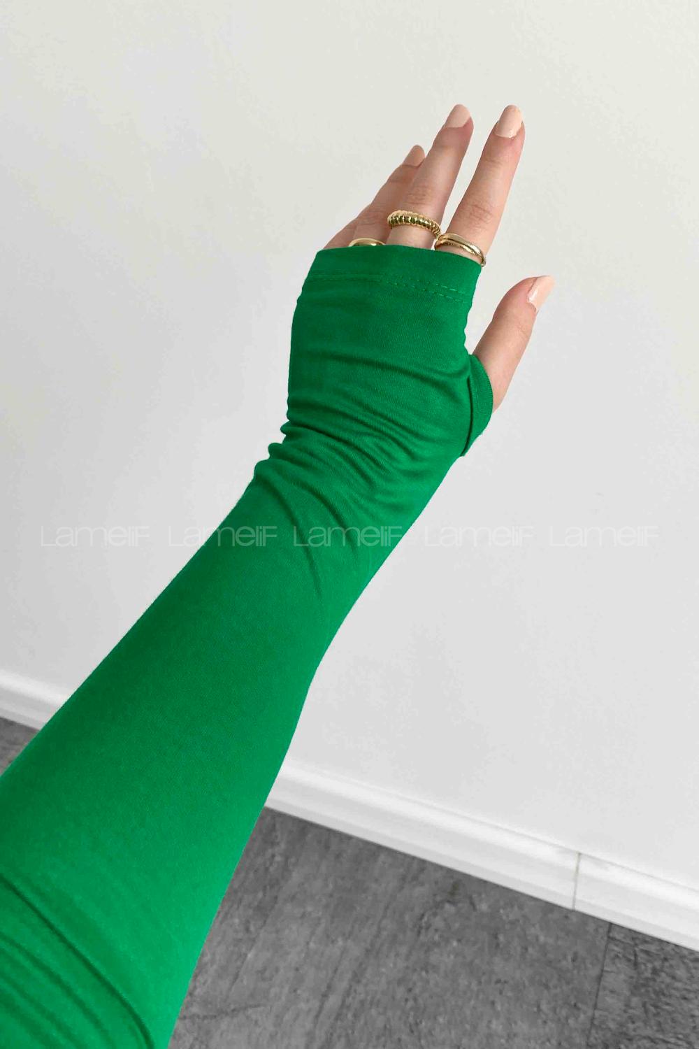 Lamelif Balıkçı Yaka Eldivenli Pamuklu Body Yeşil