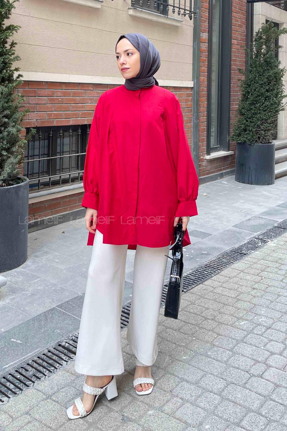 Red Mandarin Collar Cotton Unprinted Tunic