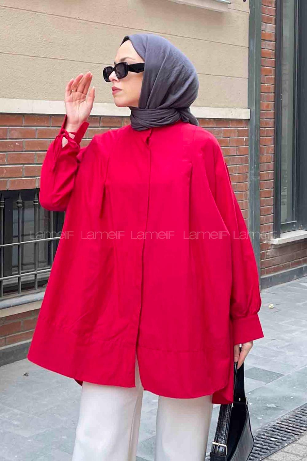 Red Mandarin Collar Cotton Unprinted Tunic