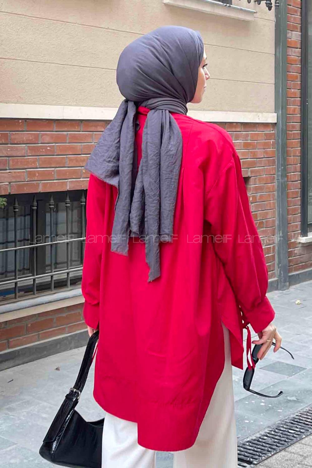 Red Mandarin Collar Cotton Unprinted Tunic