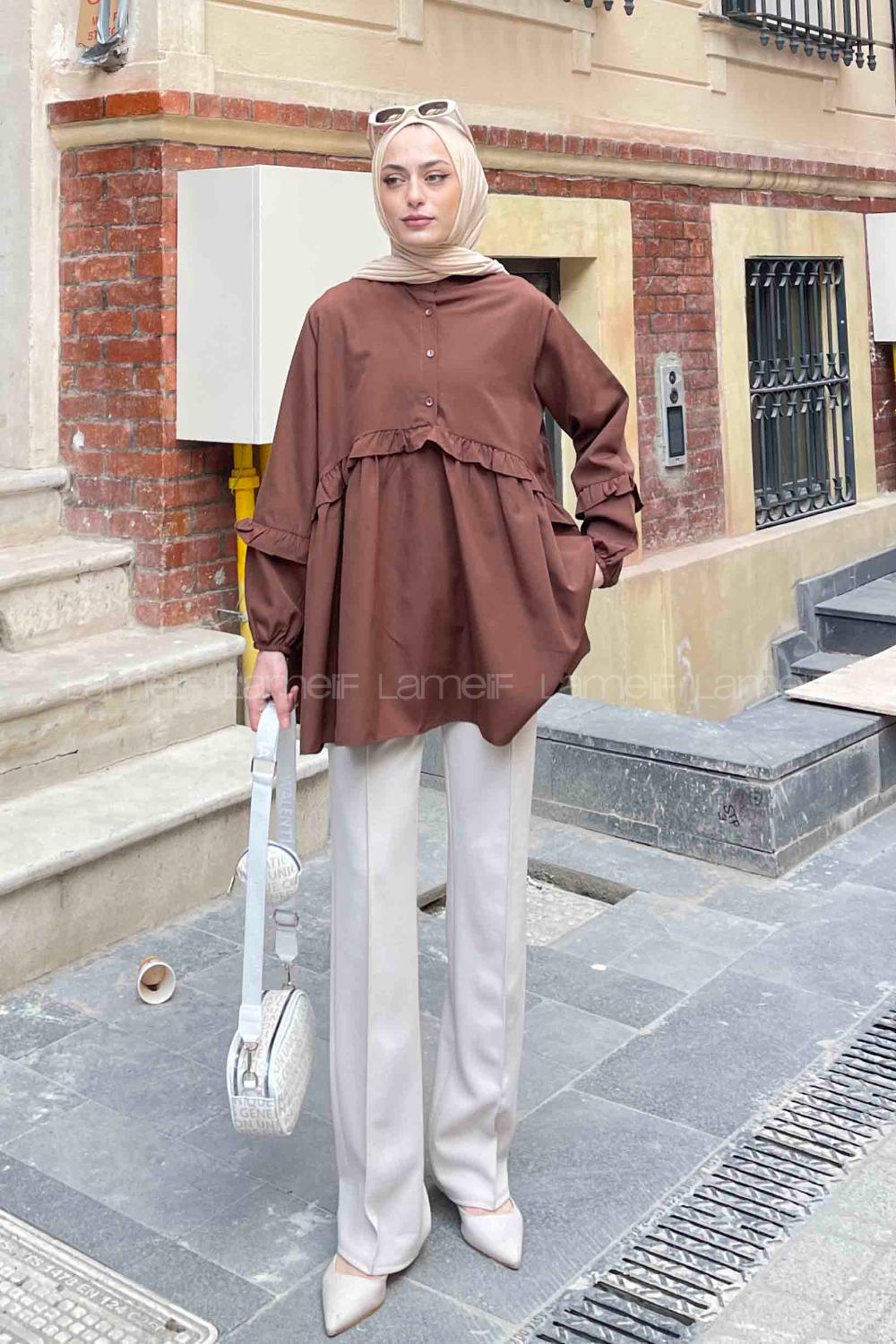 Lamelif Balon Kol Fırfırlı Tunik Acı Kahve