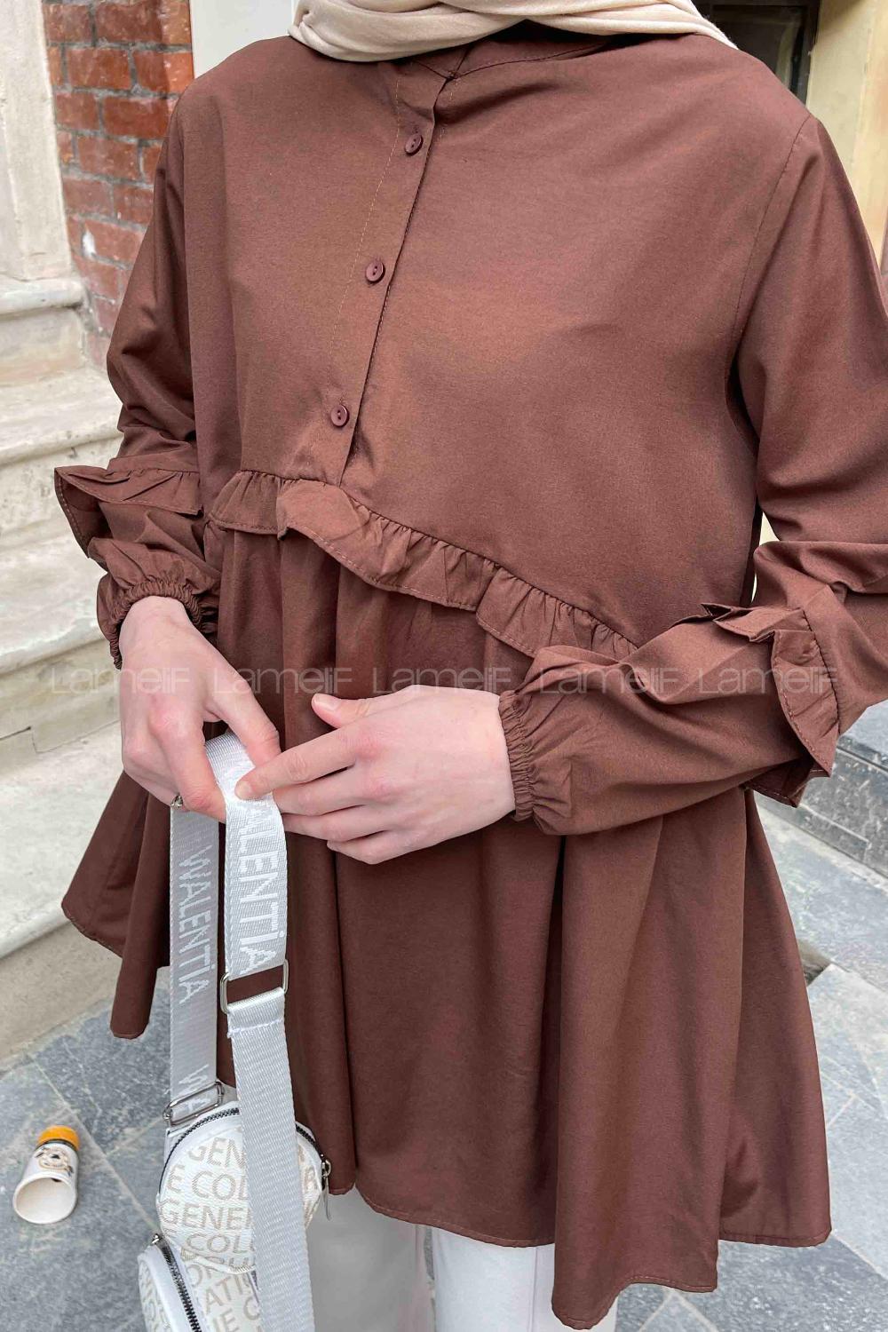 Lamelif Balon Kol Fırfırlı Tunik Acı Kahve
