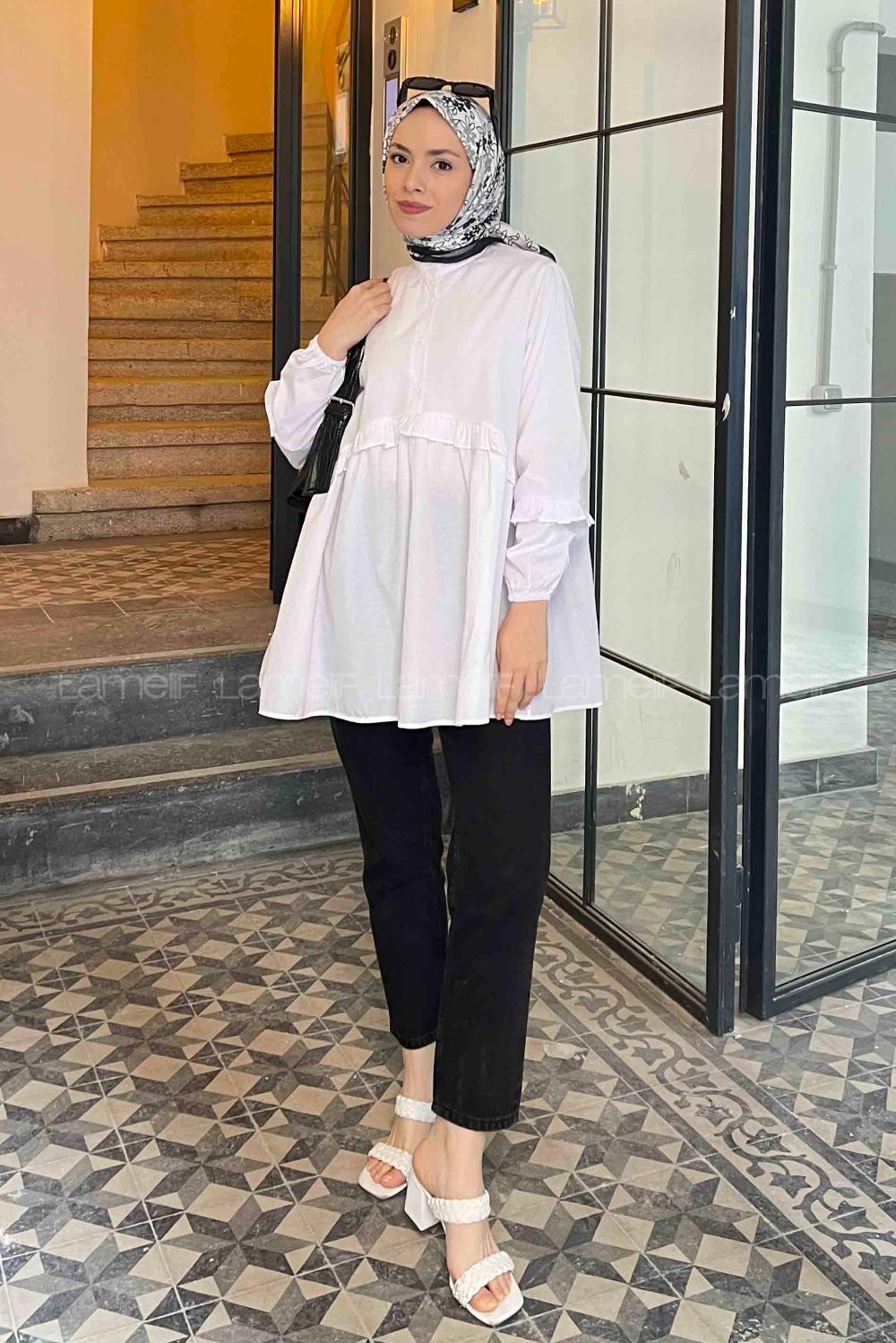 Lamelif Balon Kol Fırfırlı Tunik Beyaz