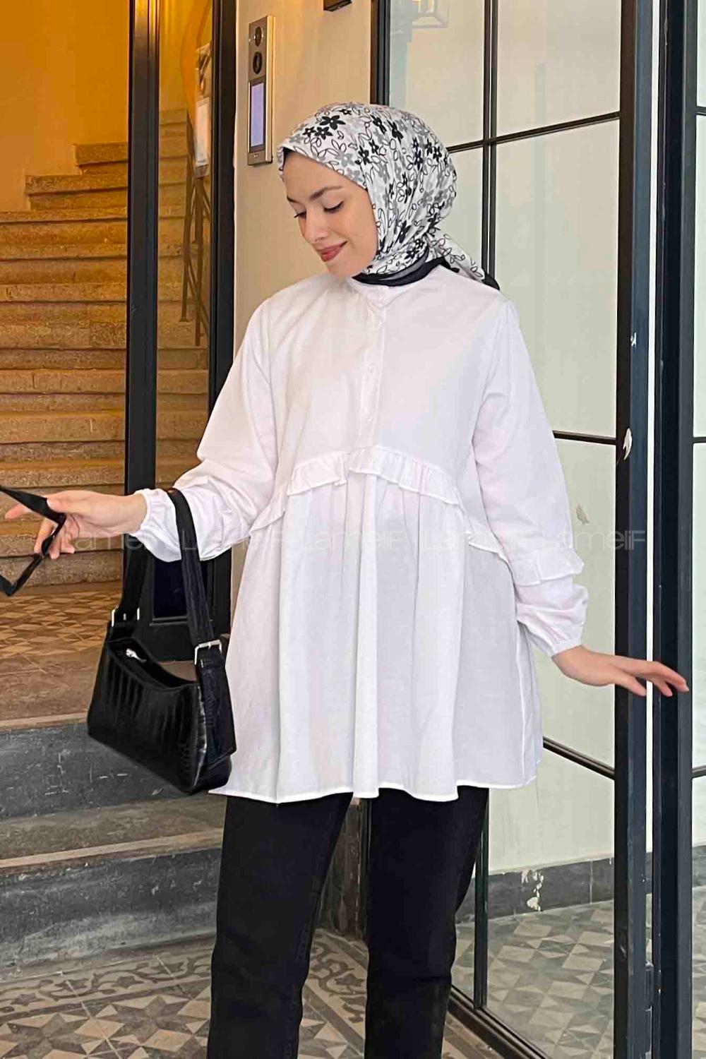 Lamelif Balon Kol Fırfırlı Tunik Beyaz