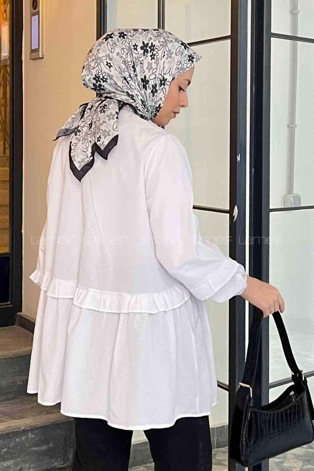 Lamelif Balon Kol Fırfırlı Tunik Beyaz