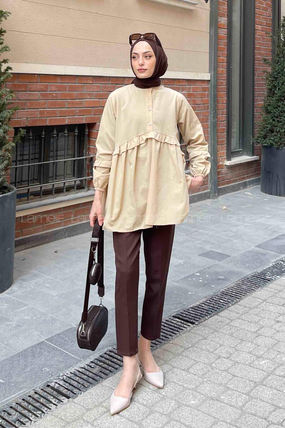 Lamelif Balon Kol Fırfırlı Tunik Krem