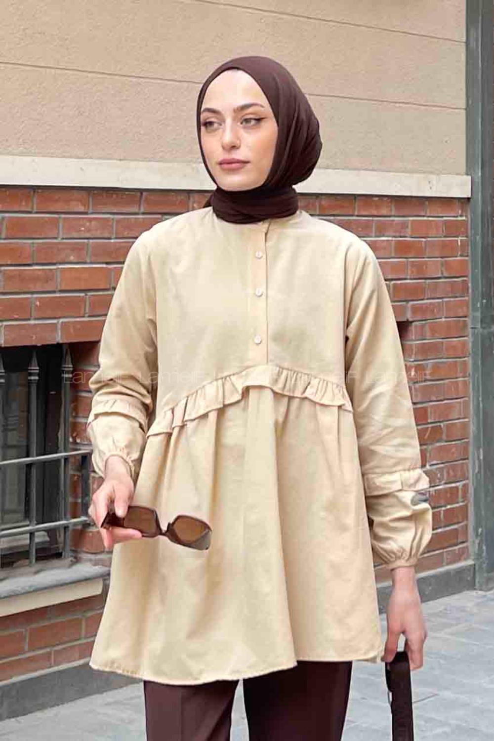 Lamelif Balon Kol Fırfırlı Tunik Krem