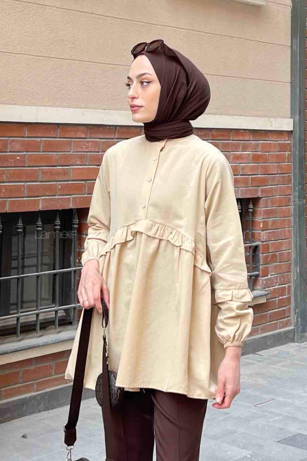 Lamelif Balon Kol Fırfırlı Tunik Krem