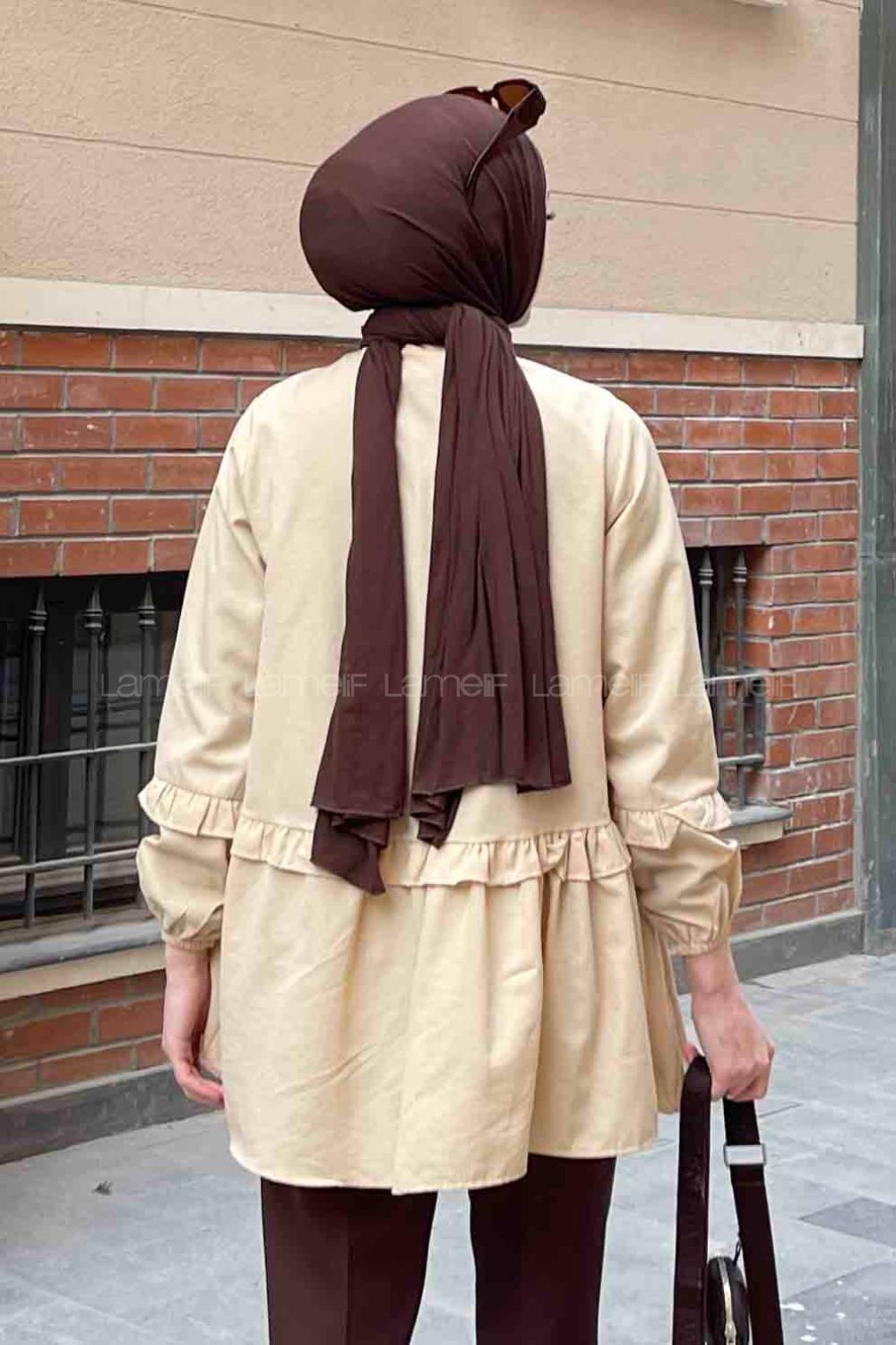 Lamelif Balon Kol Fırfırlı Tunik Krem