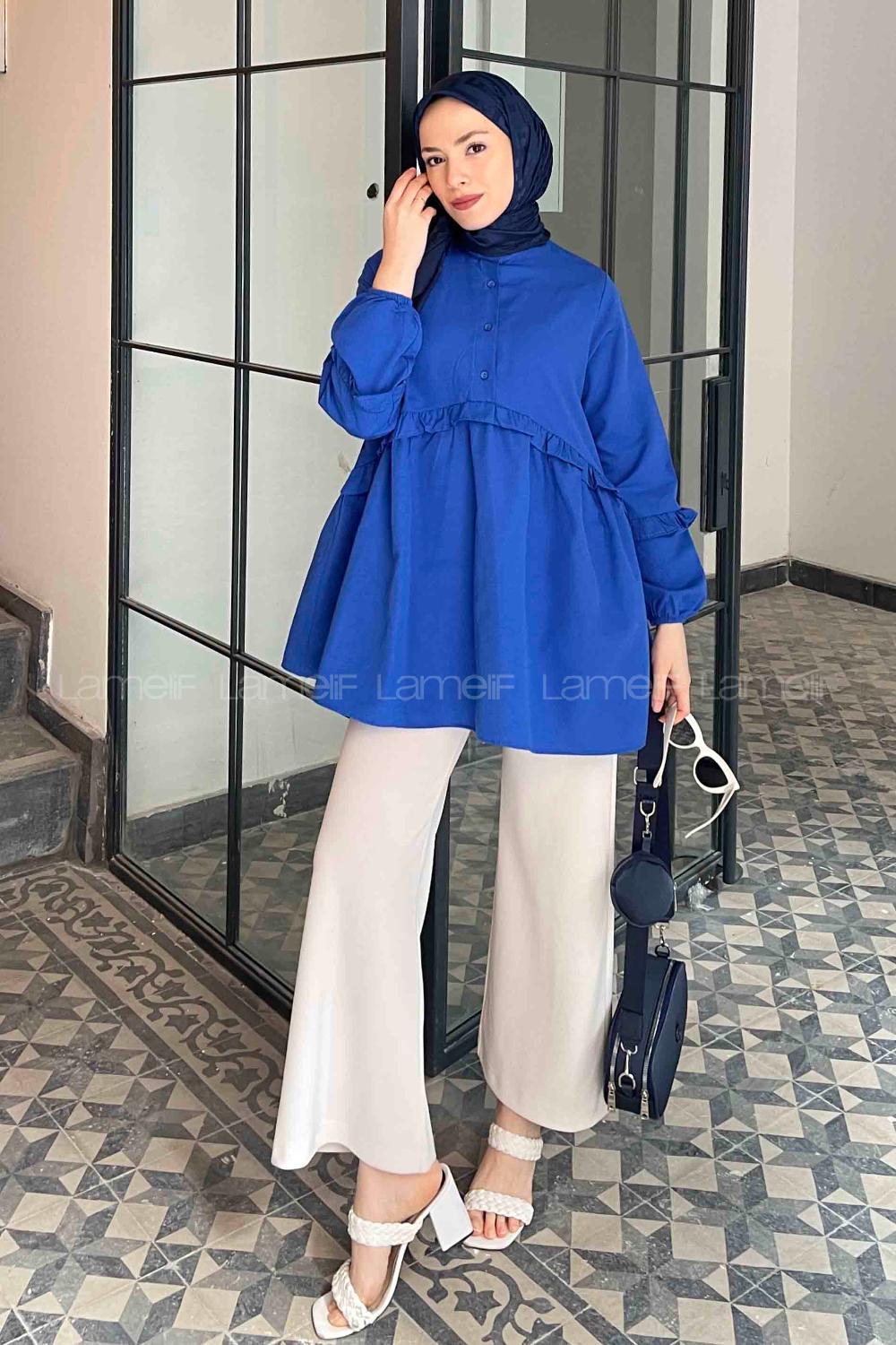 Lamelif Balon Kol Fırfırlı Tunik Saks Mavisi