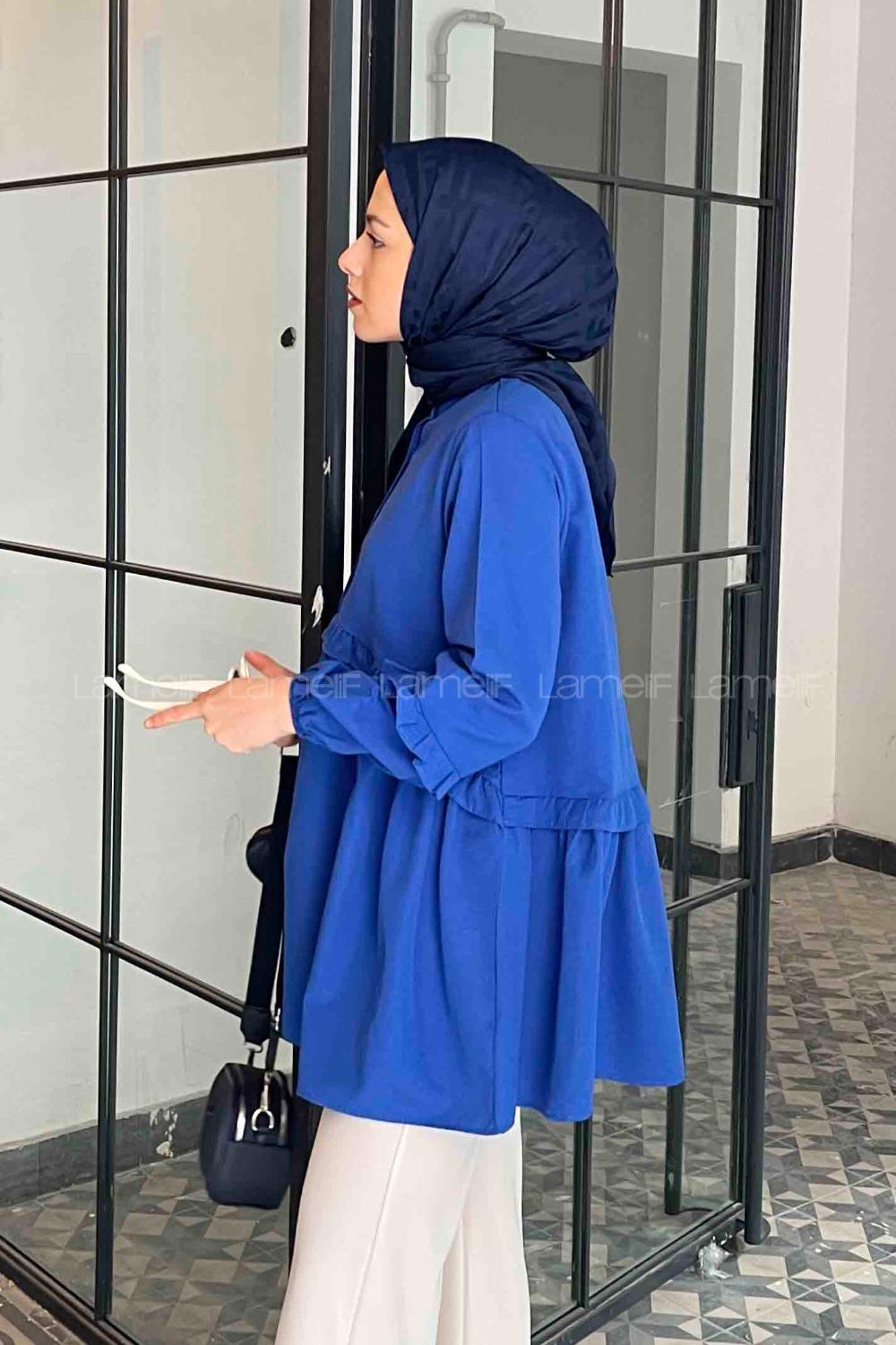 Lamelif Balon Kol Fırfırlı Tunik Saks Mavisi