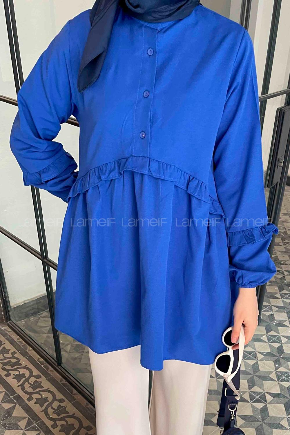 Lamelif Balon Kol Fırfırlı Tunik Saks Mavisi