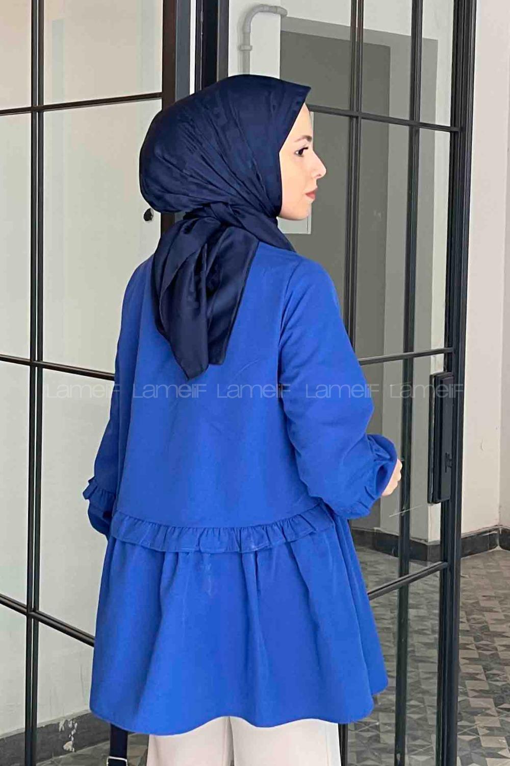 Lamelif Balon Kol Fırfırlı Tunik Saks Mavisi