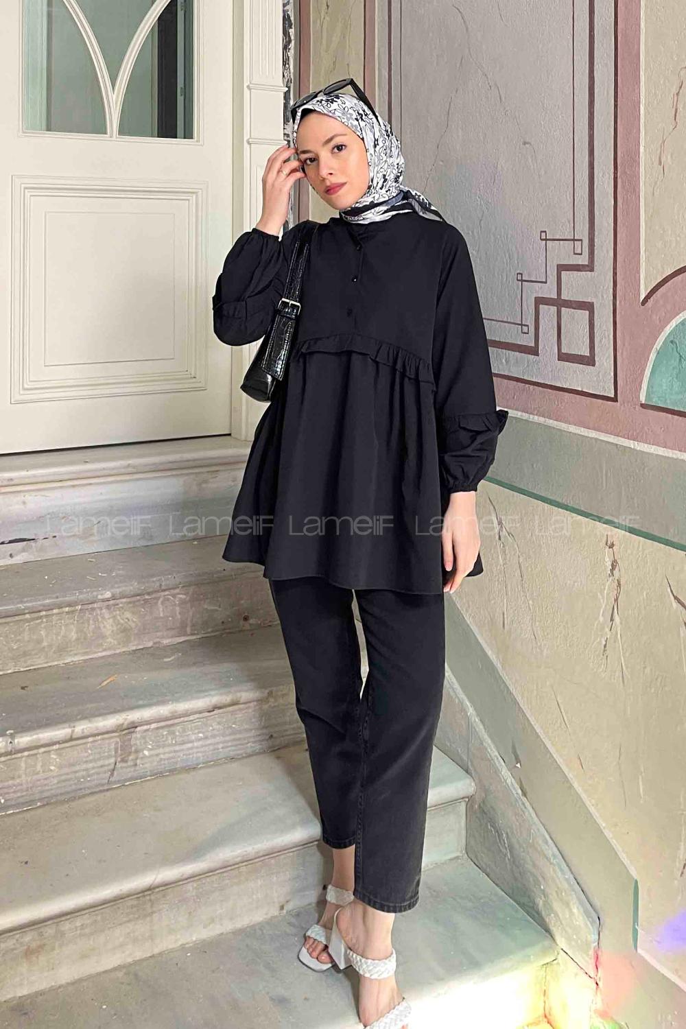 Lamelif Balon Kol Fırfırlı Tunik Siyah