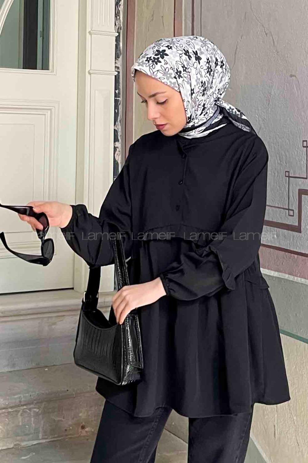 Lamelif Balon Kol Fırfırlı Tunik Siyah