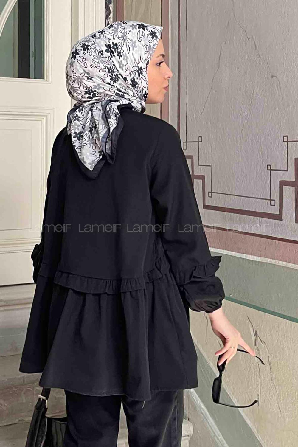 Lamelif Balon Kol Fırfırlı Tunik Siyah