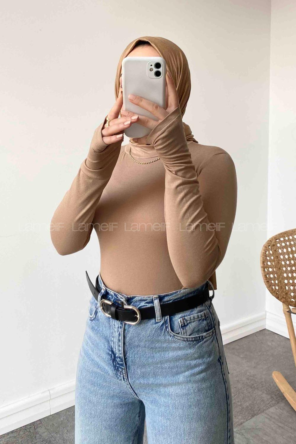 Lamelif Eldiven Detaylı Body Vizonrengi